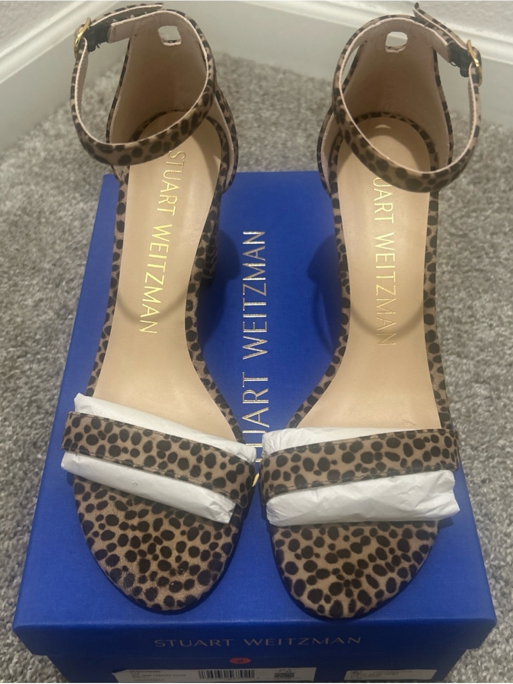 Stuart Weitzman nearlynude 75 Block Heel Sandal 7AA Cheetah suede Brown Tan $495